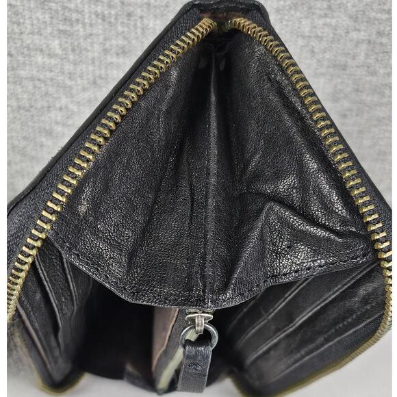 ALL SAINTS DARK BROWN ZIP-AROUND LEATHER WALLET ZIPPER 8" x 4" BRASS LOCK CHARM - Picture 8 of 12